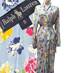 Ralph Lauren Cotton Blue Floral Robe Vintage Size S Pockets USA 1980’s Polo